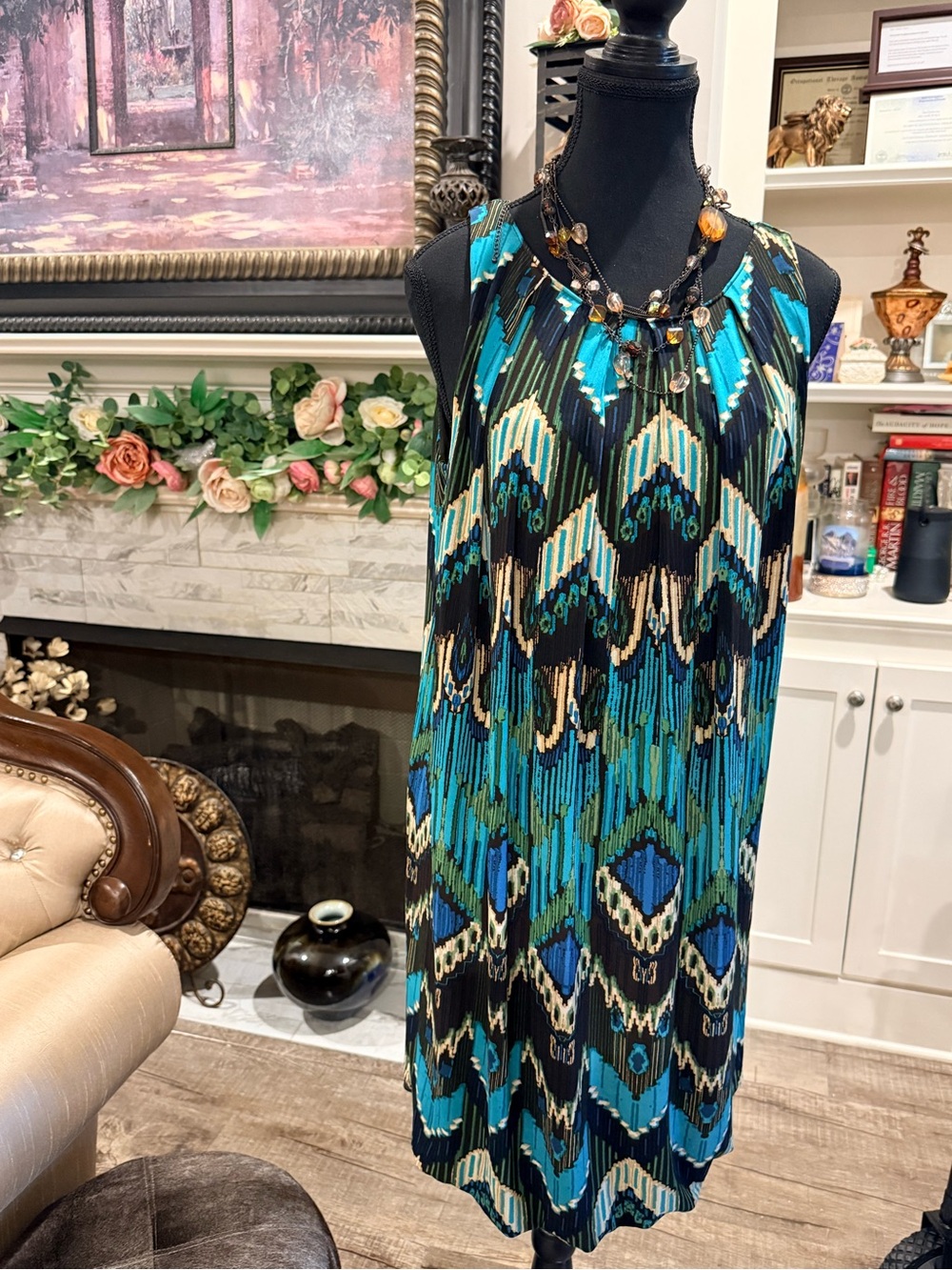 Sleeveless Chevron Midi Dress in Teal and Black